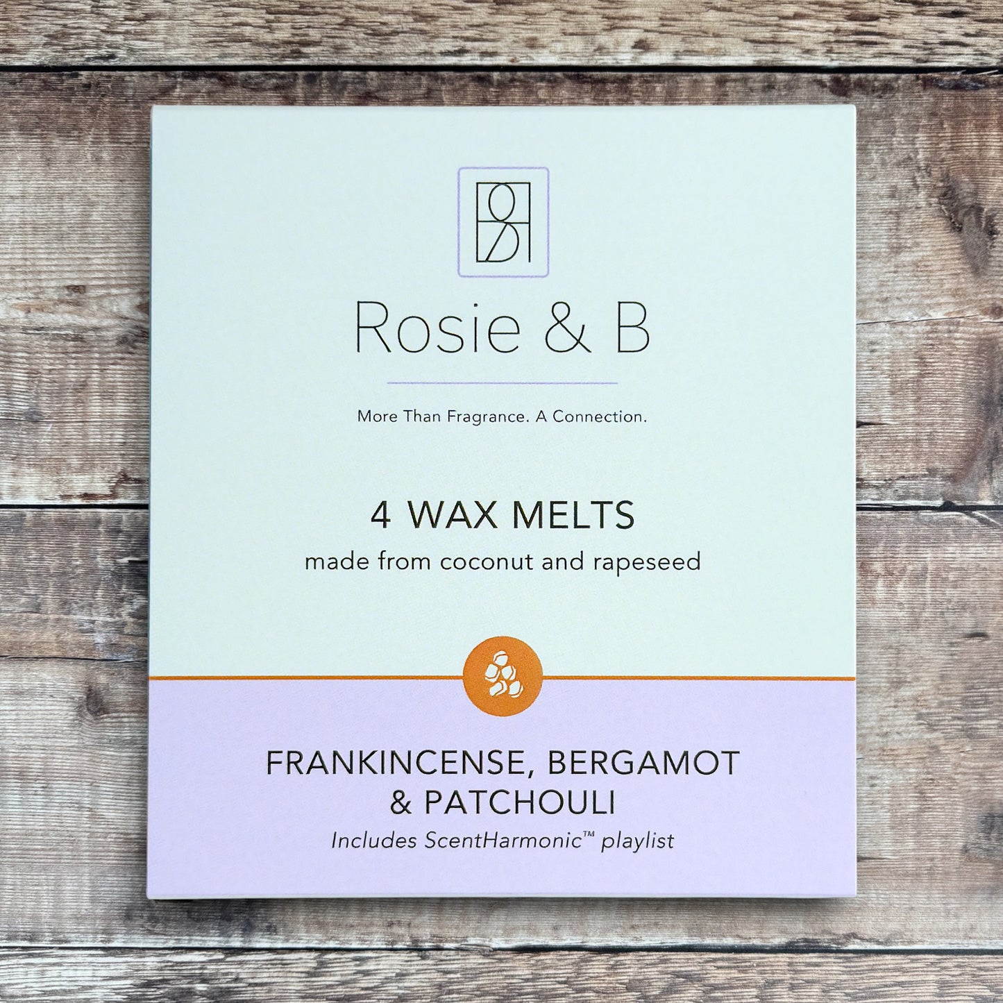 Frankincense, Bergamot & Patchouli wax melts product sleeve - front