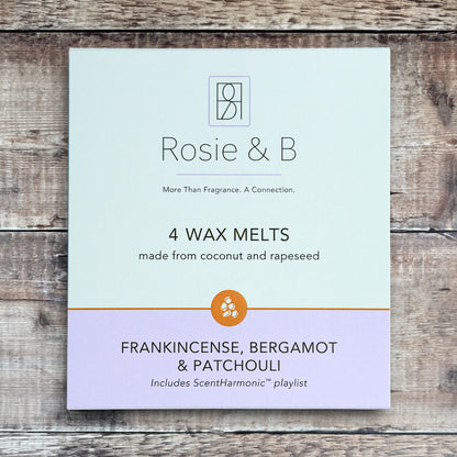 Frankincense, Bergamot & Patchouli wax melts product sleeve - front