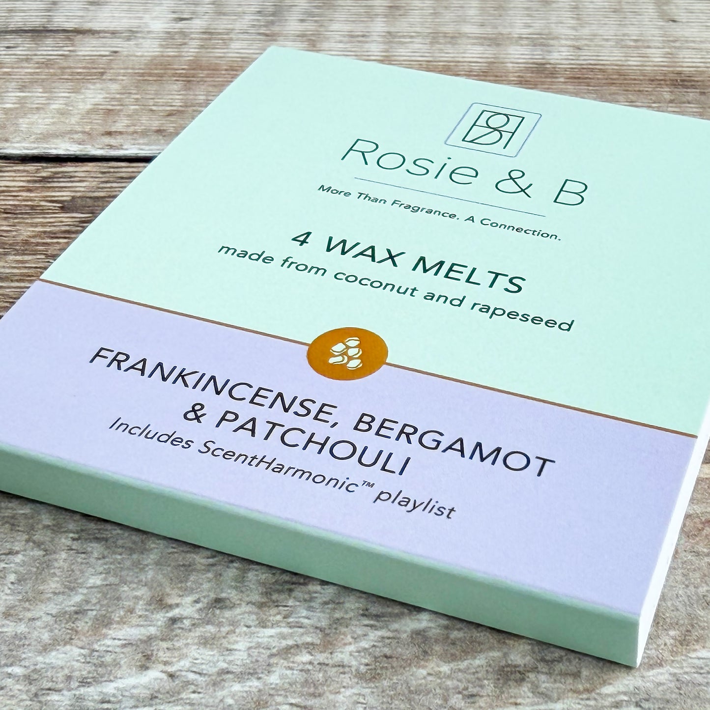 Frankincense, Bergamot & Patchouli wax melts sleeve, angled product shot