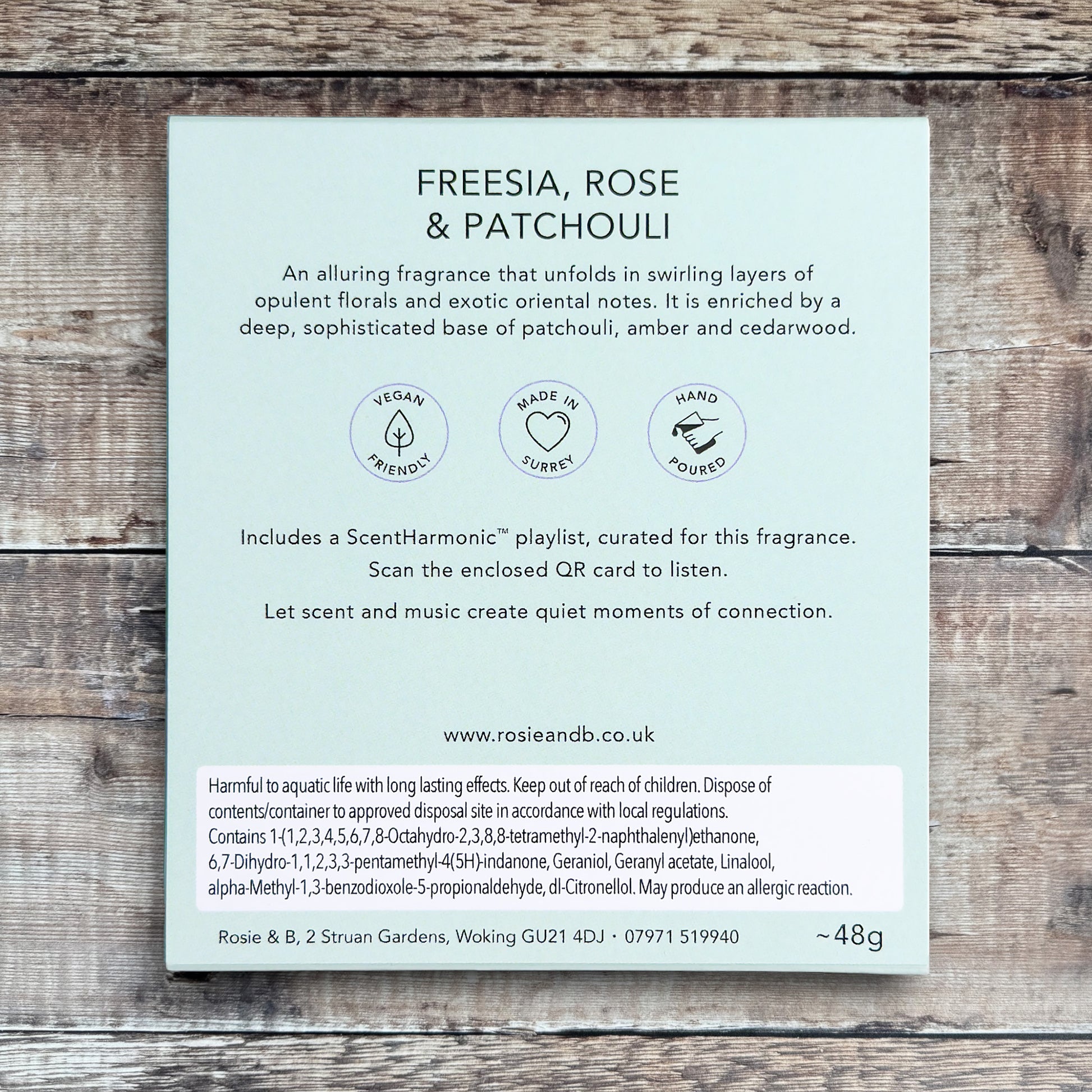 Freesia, Rose & Patchouli wax melts product sleeve - back