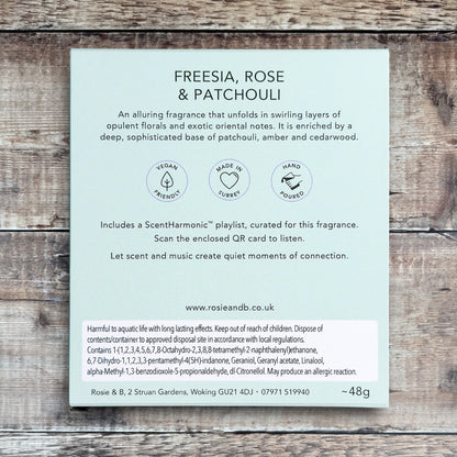 Freesia, Rose & Patchouli wax melts product sleeve - back