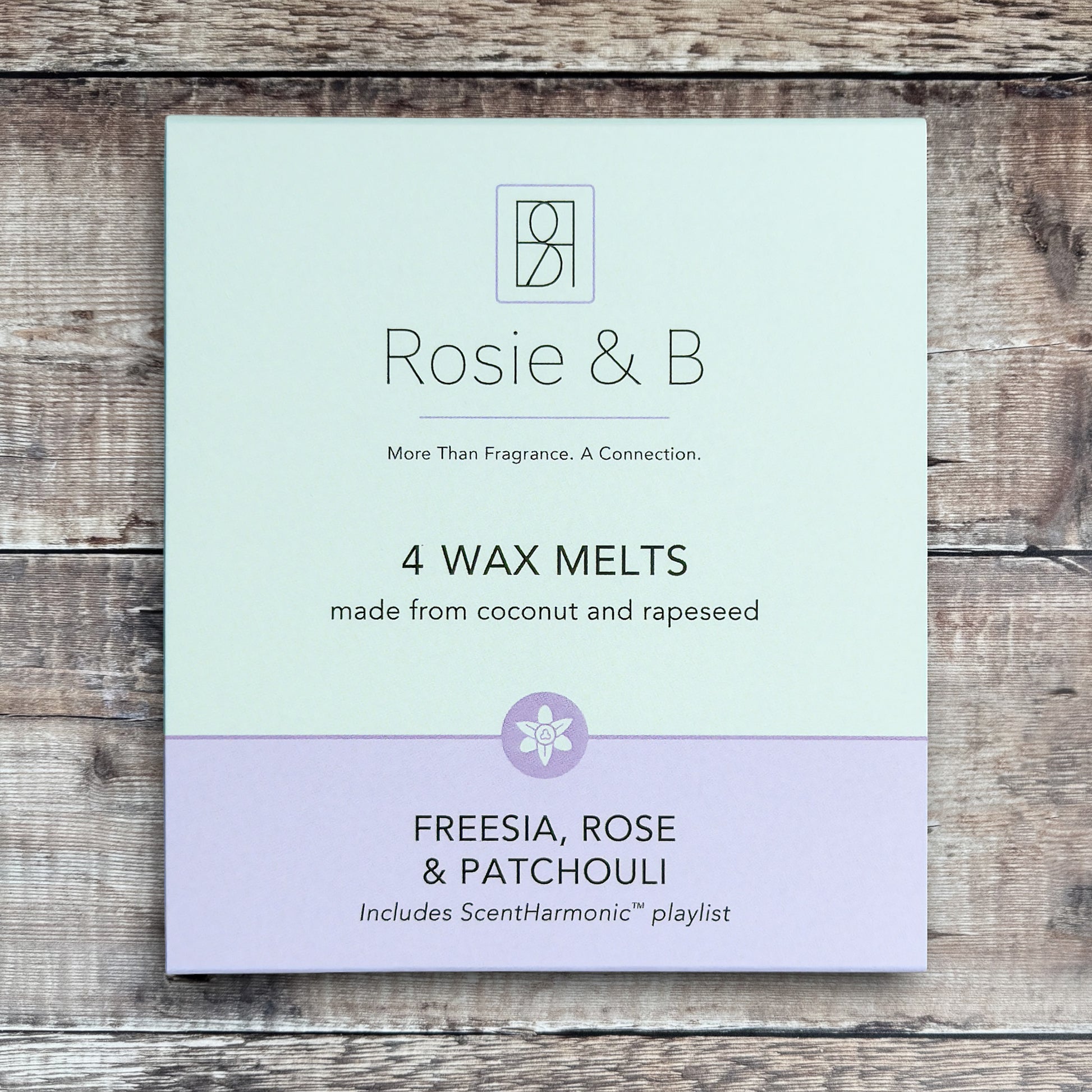 Freesia, Rose & Patchouli wax melts product sleeve - front