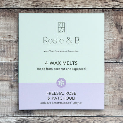 Freesia, Rose & Patchouli wax melts product sleeve - front