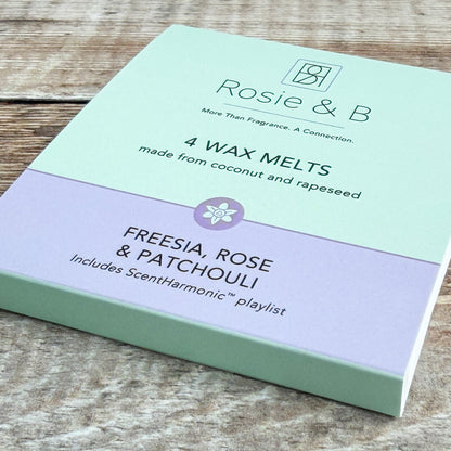 Freesia, Rose & Patchouli wax melts sleeve, angled product shot