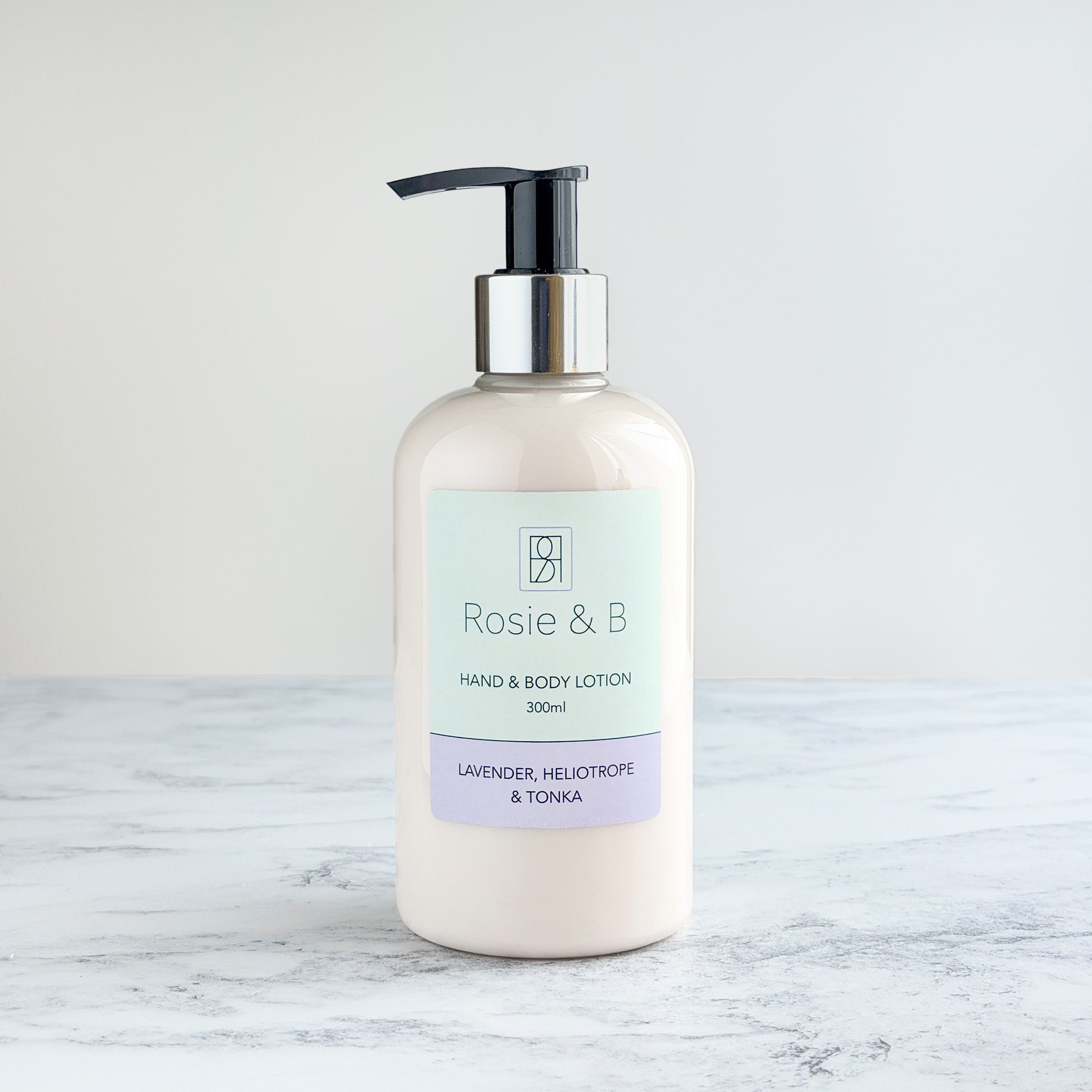 Rosie & B Lavender, Heliotrope & Tonka Hand & Body Lotion bottle front label