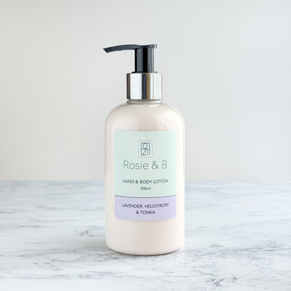 Rosie & B Lavender, Heliotrope & Tonka Hand & Body Lotion bottle front label