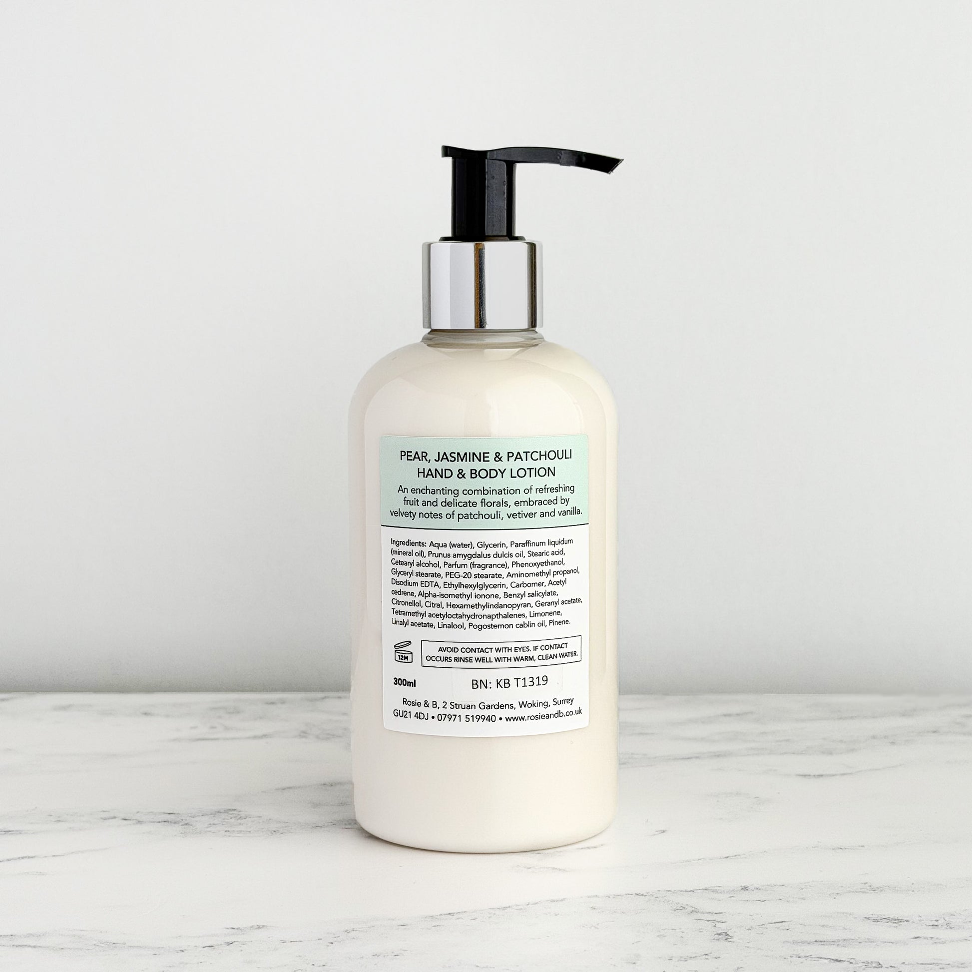 Pear, Jasmine & Patchouli Hand & Body Lotion bottle, rear