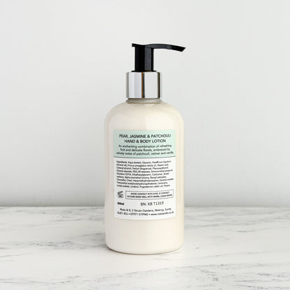 Pear, Jasmine & Patchouli Hand & Body Lotion bottle, rear