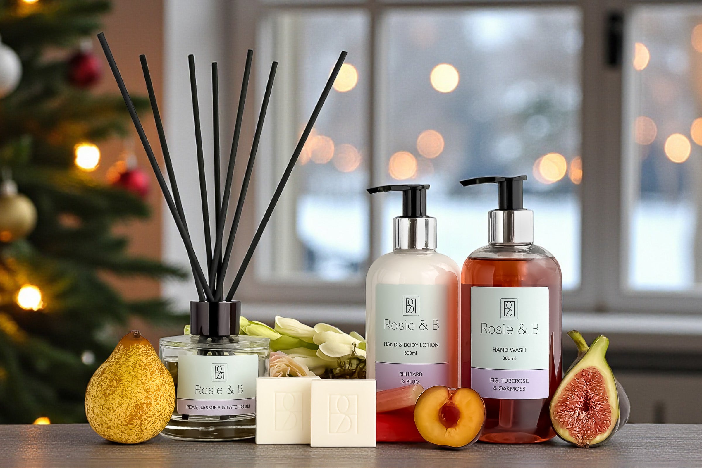Rosie & B winter product display with reed diffuser, wax melts, hand wash and hand & body lotion.