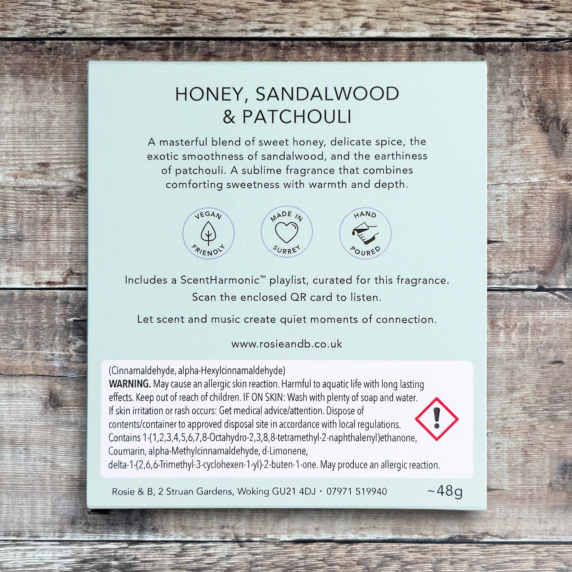 Honey, Sandalwood & Patchouli wax melts product sleeve - back