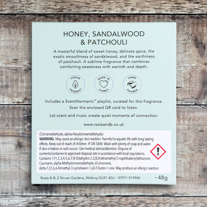 Honey, Sandalwood & Patchouli wax melts product sleeve - back