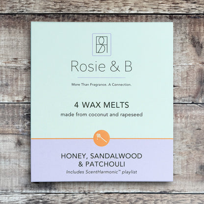 Honey, Sandalwood & Patchouli wax melts product sleeve - front
