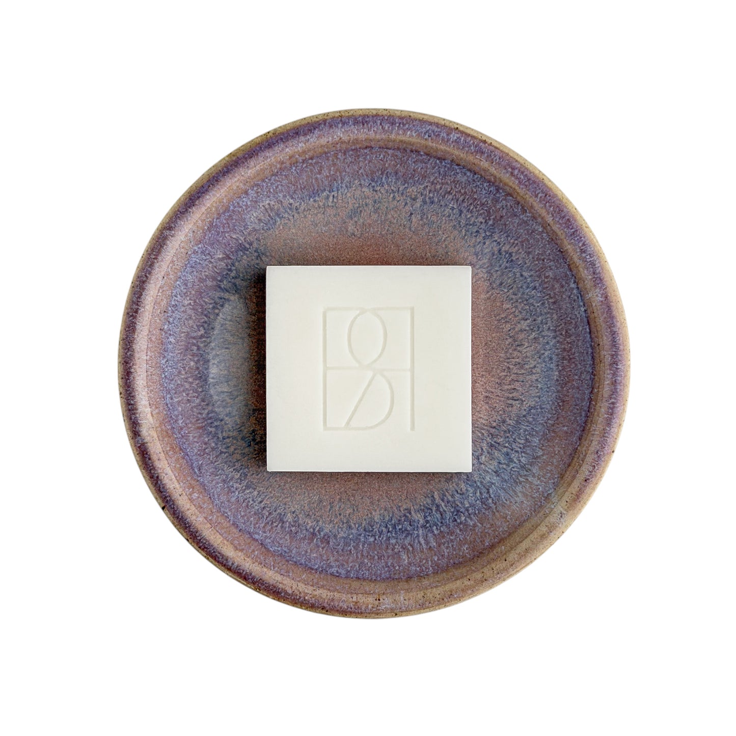 Leonore ceramic wax melt warmer in Lavender Haze & Oatmeal, top view, shown with a Rosie & B wax melt