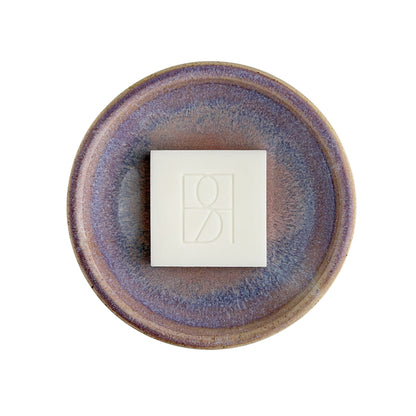 Leonore ceramic wax melt warmer in Lavender Haze & Oatmeal, top view, shown with a Rosie & B wax melt