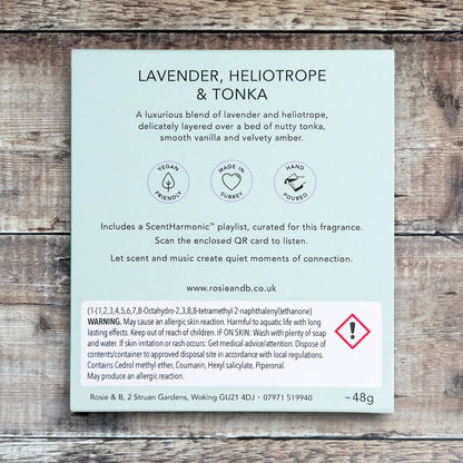 Lavender, Heliotrope & Tonka wax melts product sleeve - back