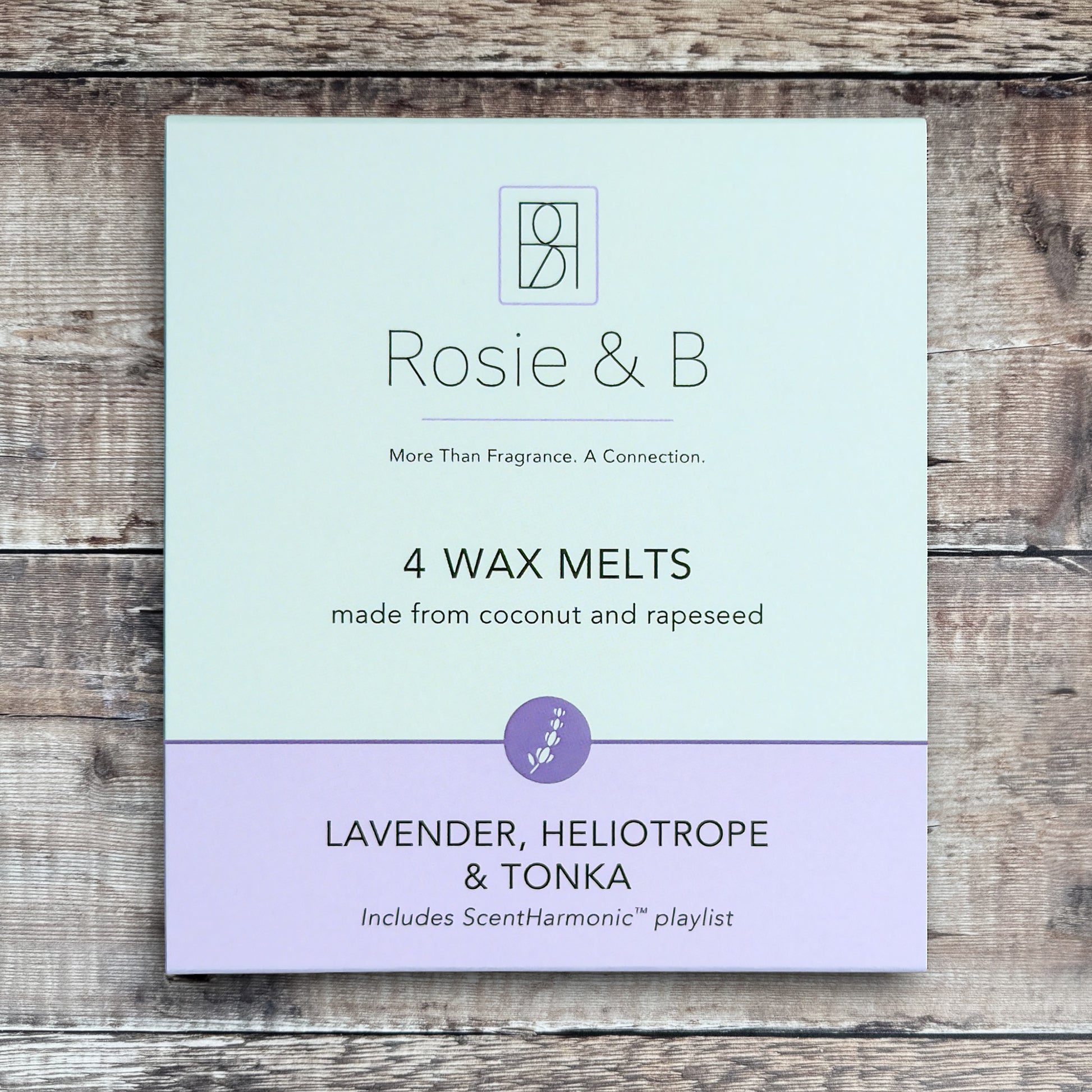 Lavender, Heliotrope & Tonka wax melts product sleeve - front