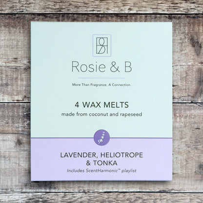 Lavender, Heliotrope & Tonka wax melts product sleeve - front