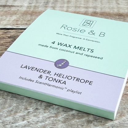 Lavender, Heliotrope & Tonka wax melts sleeve, angled product shot