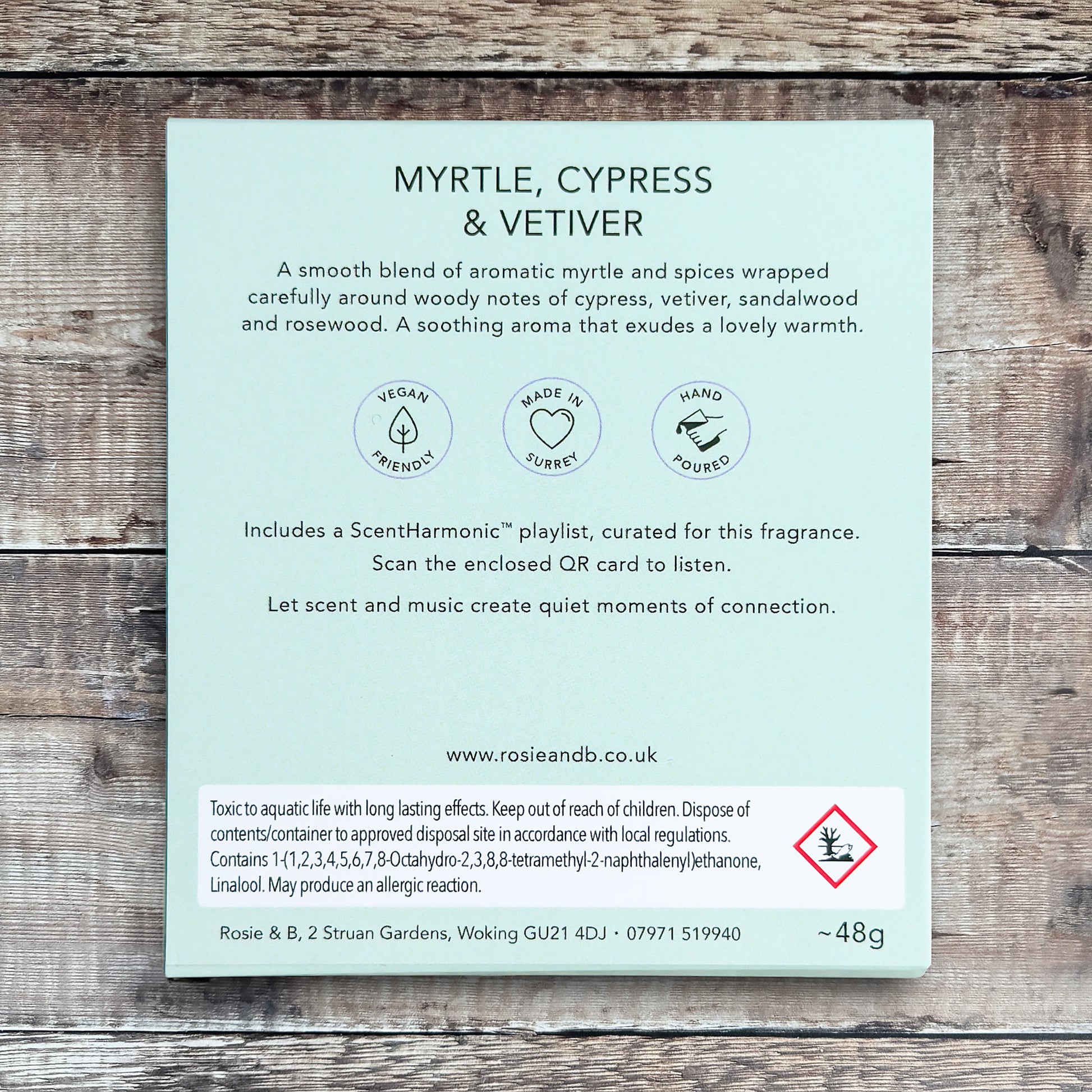 Myrtle, Cypress & Vetiver wax melts product sleeve - back