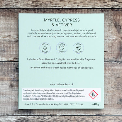 Myrtle, Cypress & Vetiver wax melts product sleeve - back