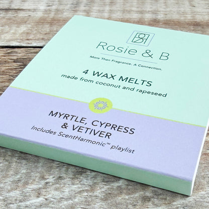 Myrtle, Cypress & Vetiver wax melts sleeve, angled product shot