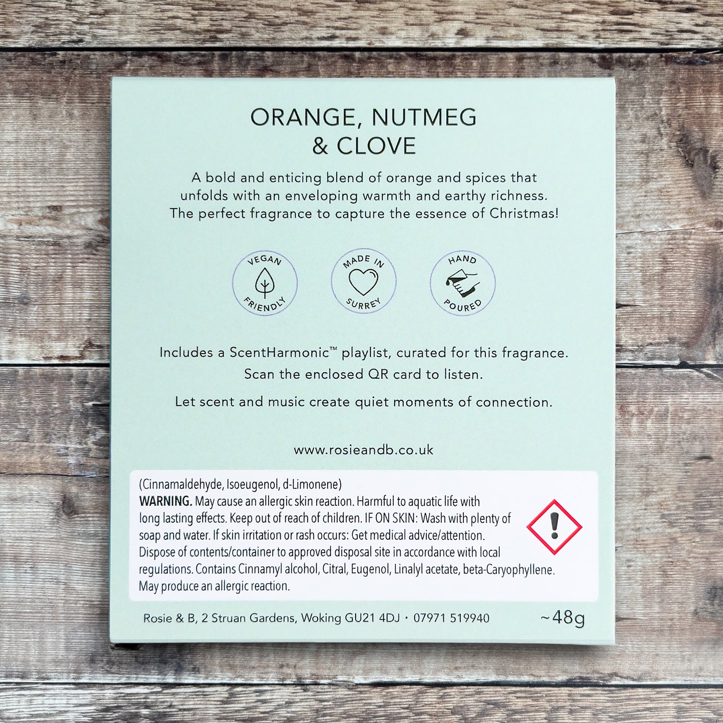 Orange, Nutmeg & Clove wax melts product sleeve - back