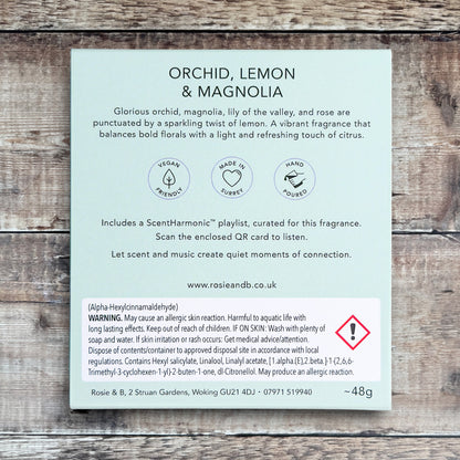 Orchid, Lemon & Magnolia wax melts product sleeve - back