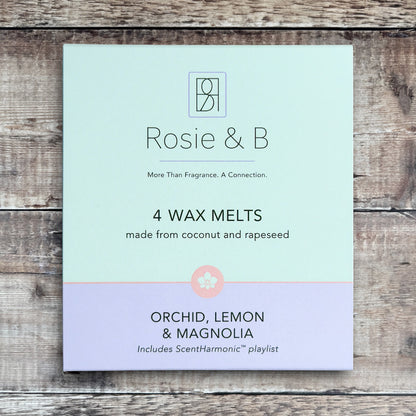 Orchid, Lemon & Magnolia wax melts product sleeve - front