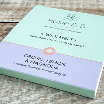 Orchid, Lemon & Magnolia wax melts sleeve, angled product shot