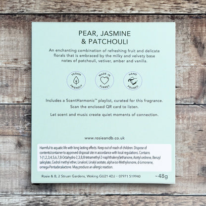 Pear, Jasmine & Patchouli wax melts product sleeve - back