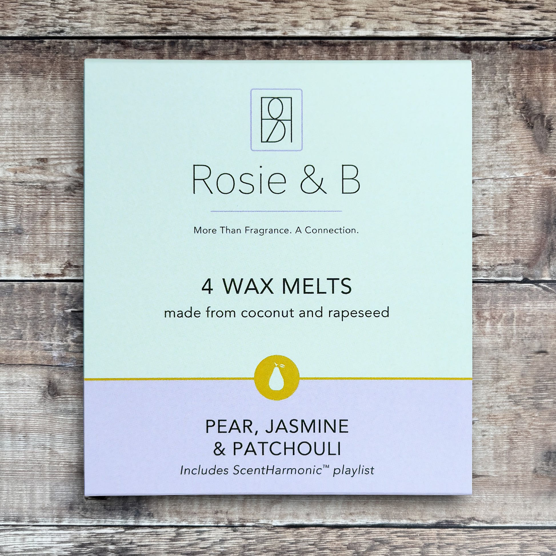 Pear, Jasmine & Patchouli wax melts product sleeve - front