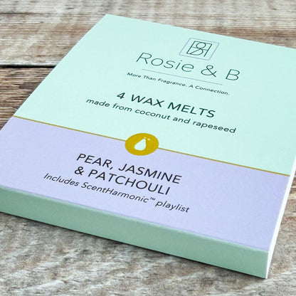 Pear, Jasmine & Patchouli wax melts sleeve, angled product shot