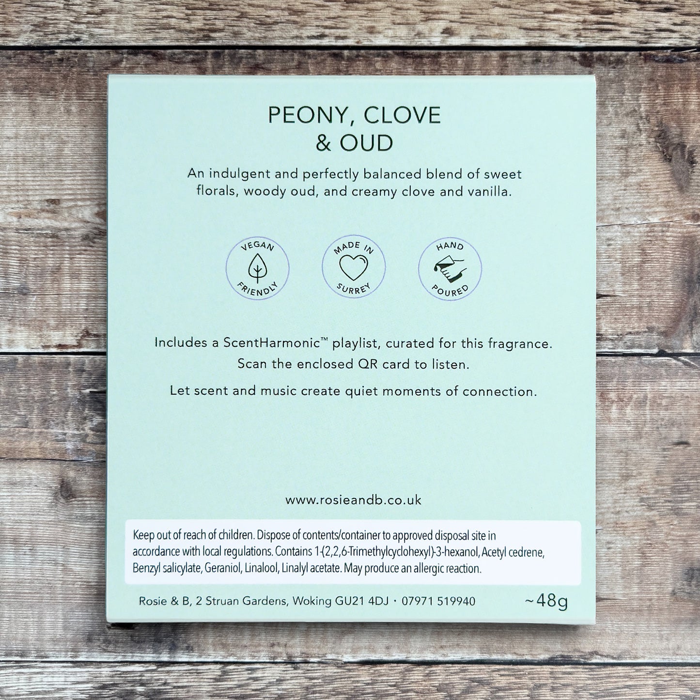 Peony, Clove & Oud wax melts product sleeve - back