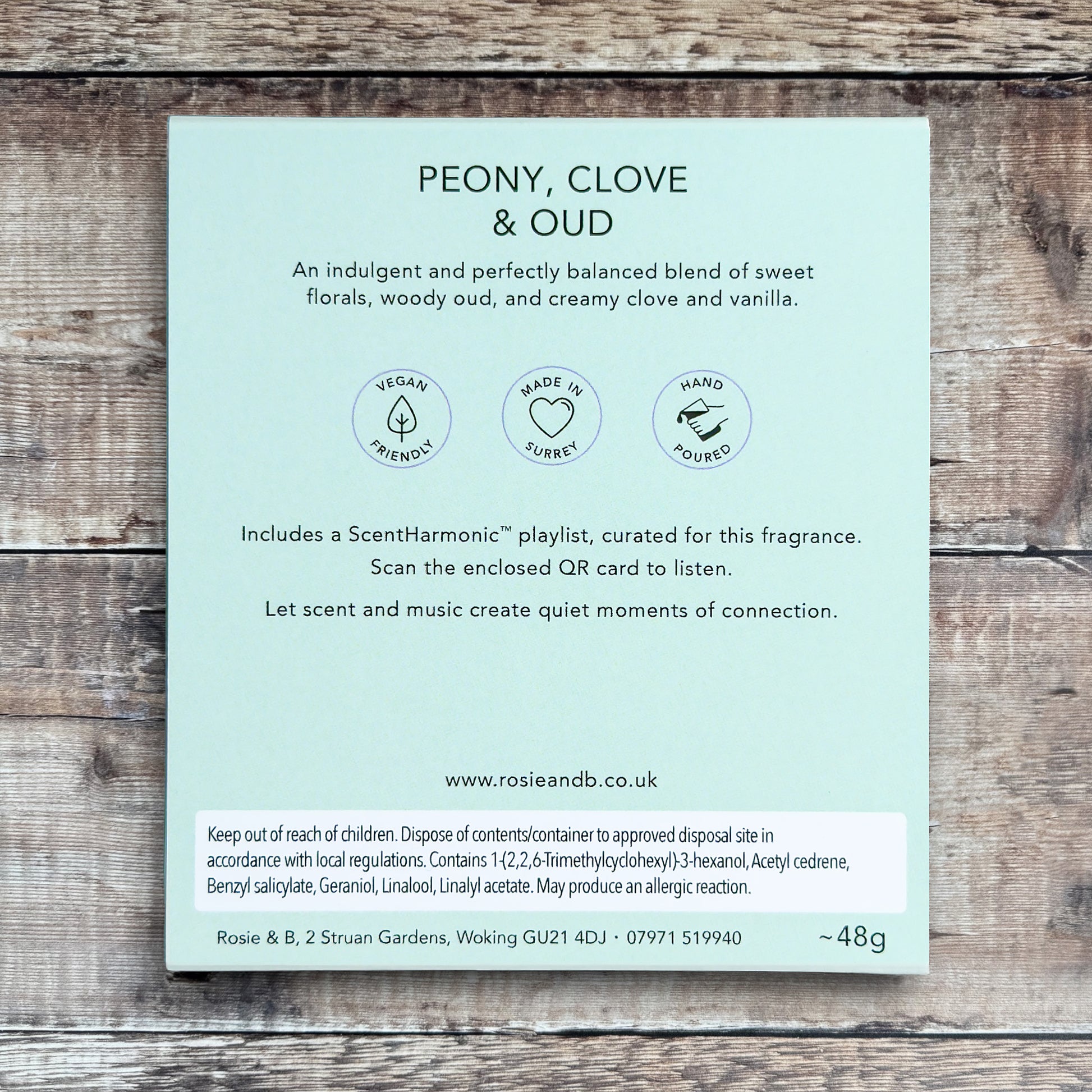 Peony, Clove & Oud wax melts product sleeve - back