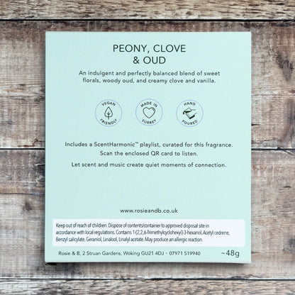 Peony, Clove & Oud wax melts product sleeve - back