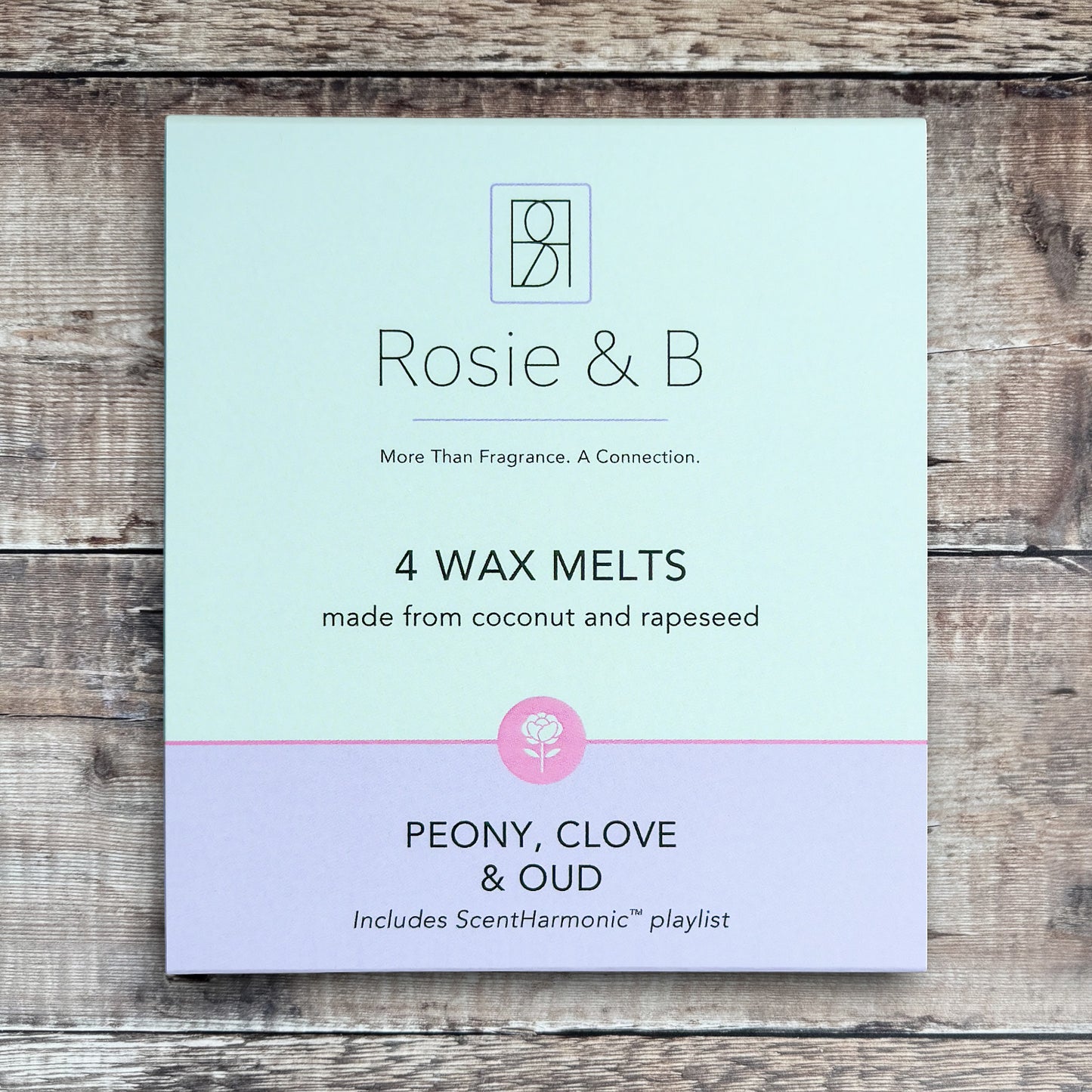 Peony, Clove & Oud wax melts product sleeve - front