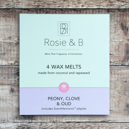 Peony, Clove & Oud wax melts product sleeve - front