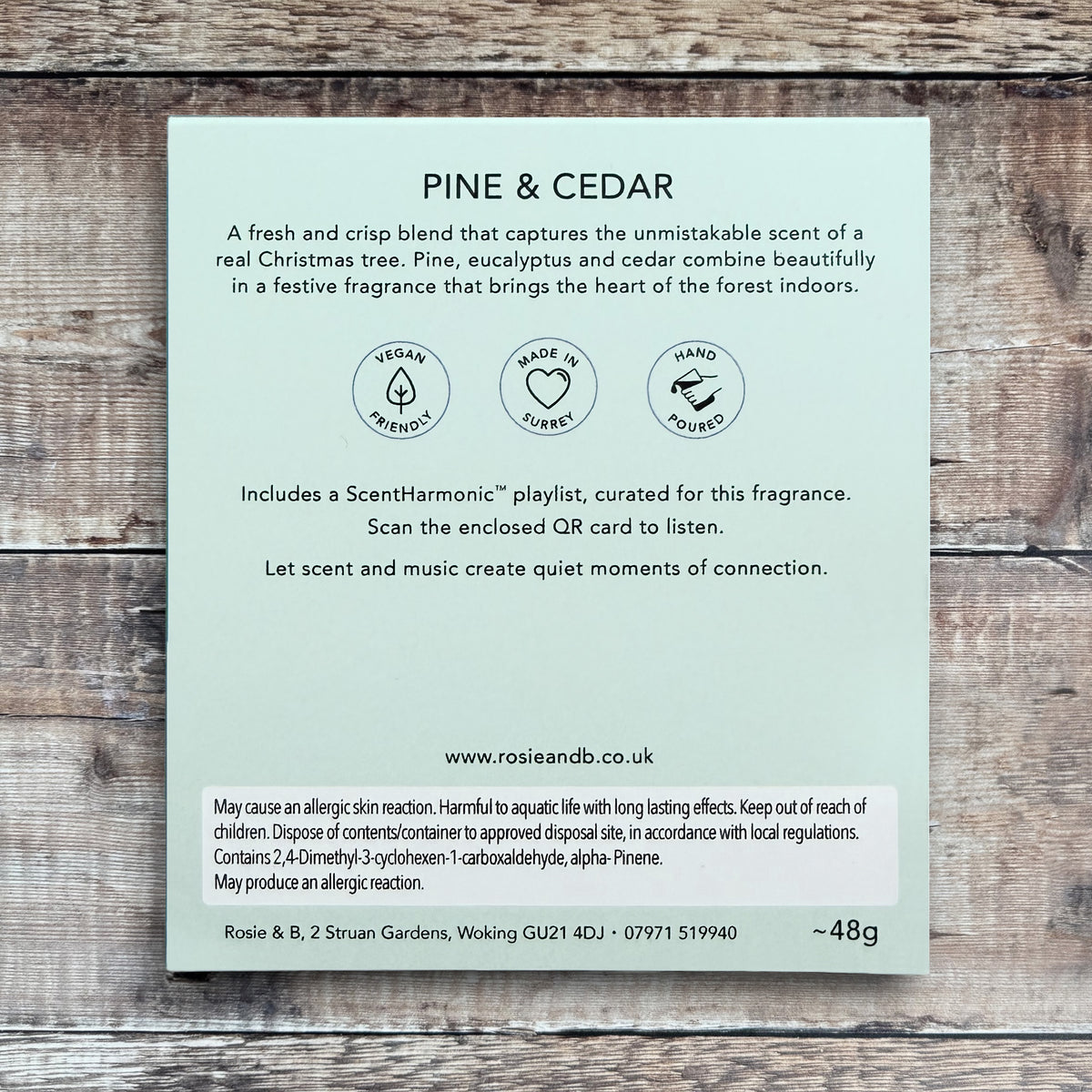 Pine & Cedar wax melts product sleeve - back