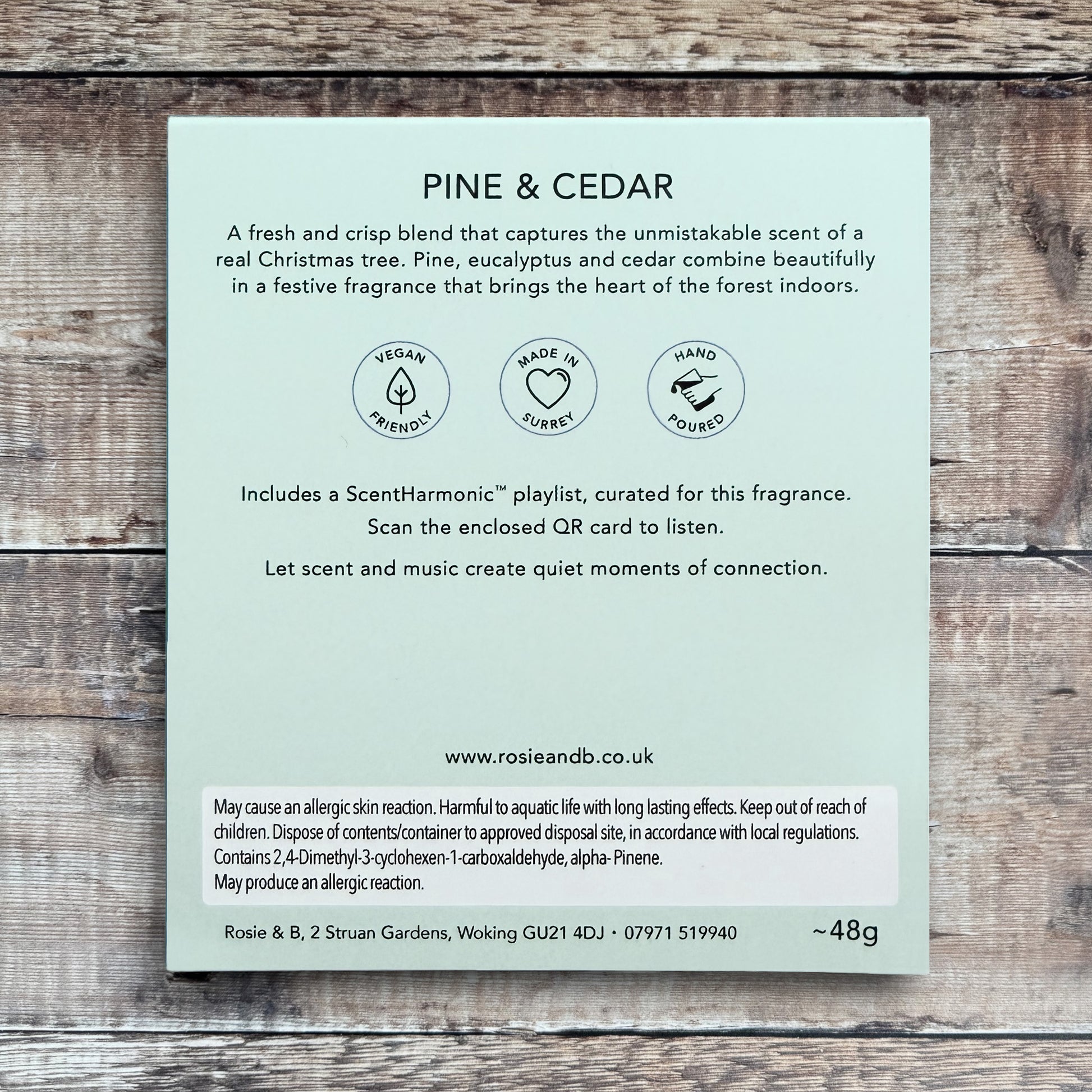 Pine & Cedar wax melts product sleeve - back
