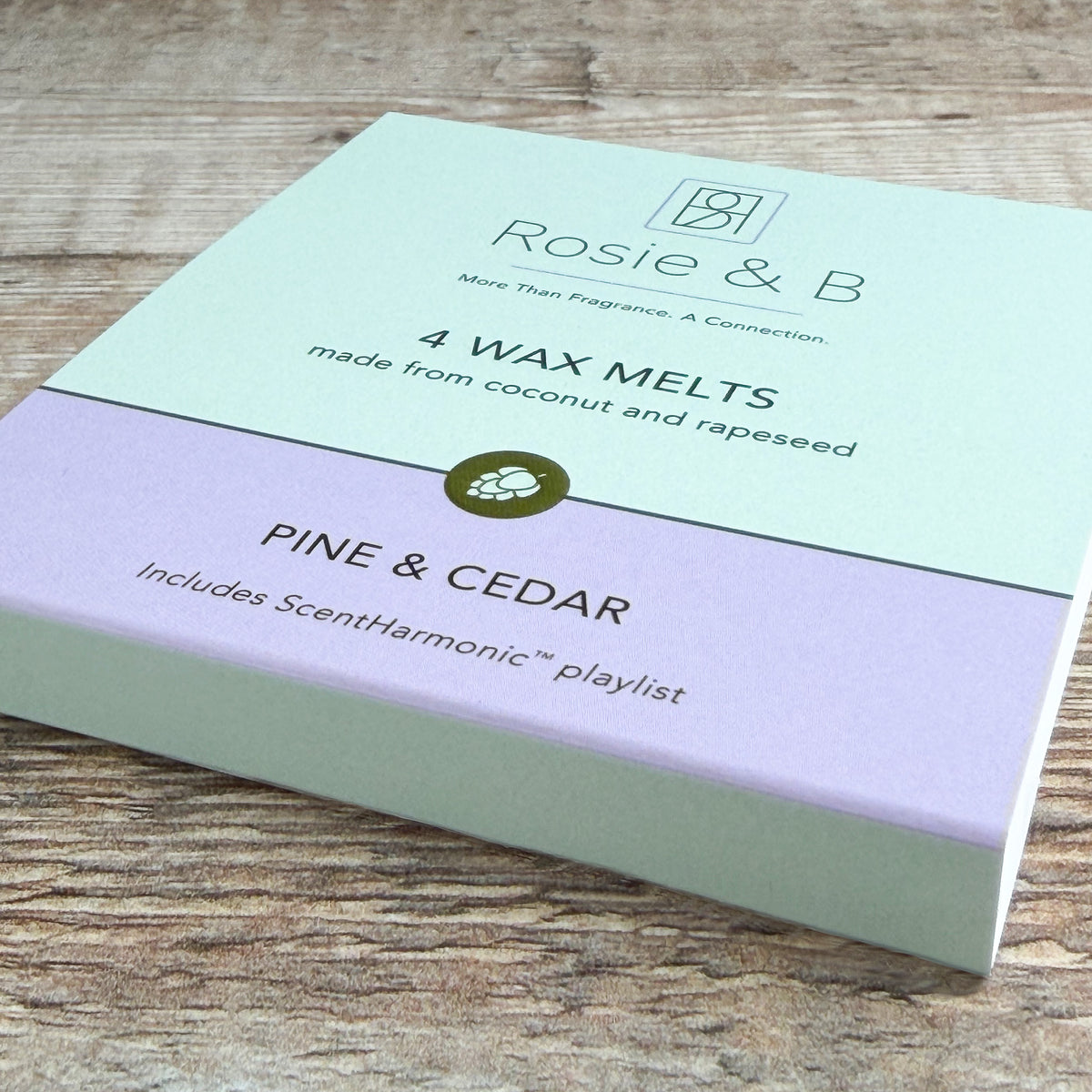 Pine & Cedar wax melts sleeve, angled product shot