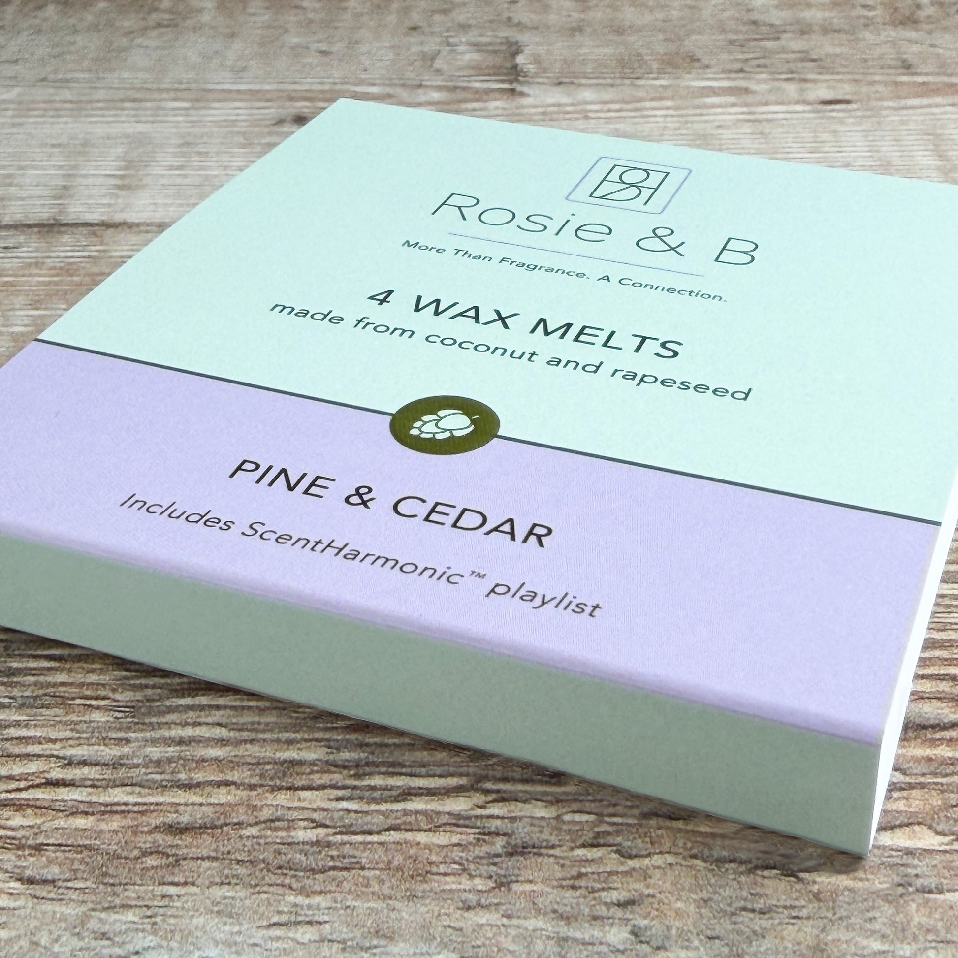 Pine & Cedar wax melts sleeve, angled product shot