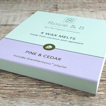 Pine & Cedar wax melts sleeve, angled product shot