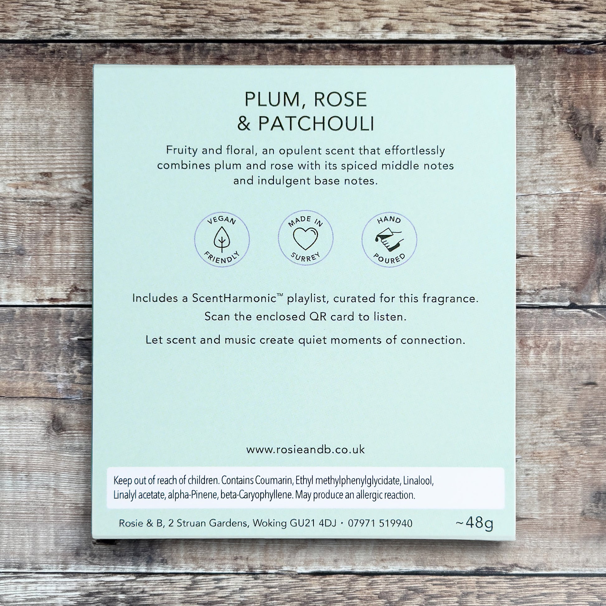 Plum, Rose & Patchouli wax melts product sleeve - back