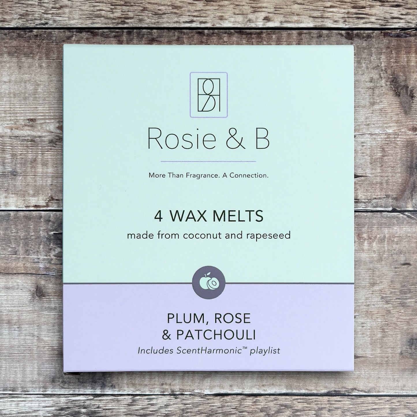 Plum, Rose & Patchouli wax melts product sleeve - front