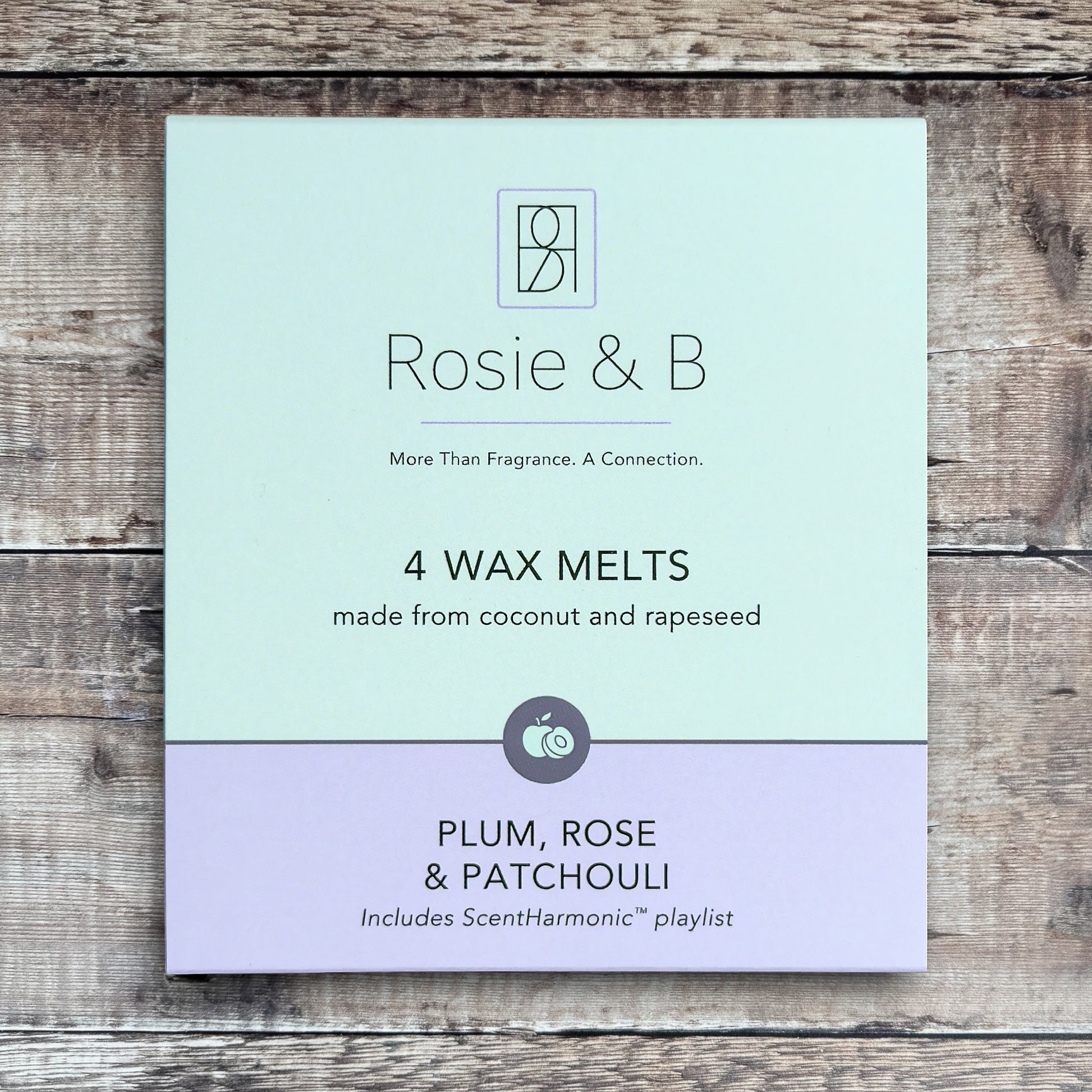 Plum, Rose & Patchouli wax melts product sleeve - front