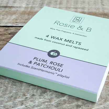Plum, Rose & Patchouli wax melts sleeve, angled product shot
