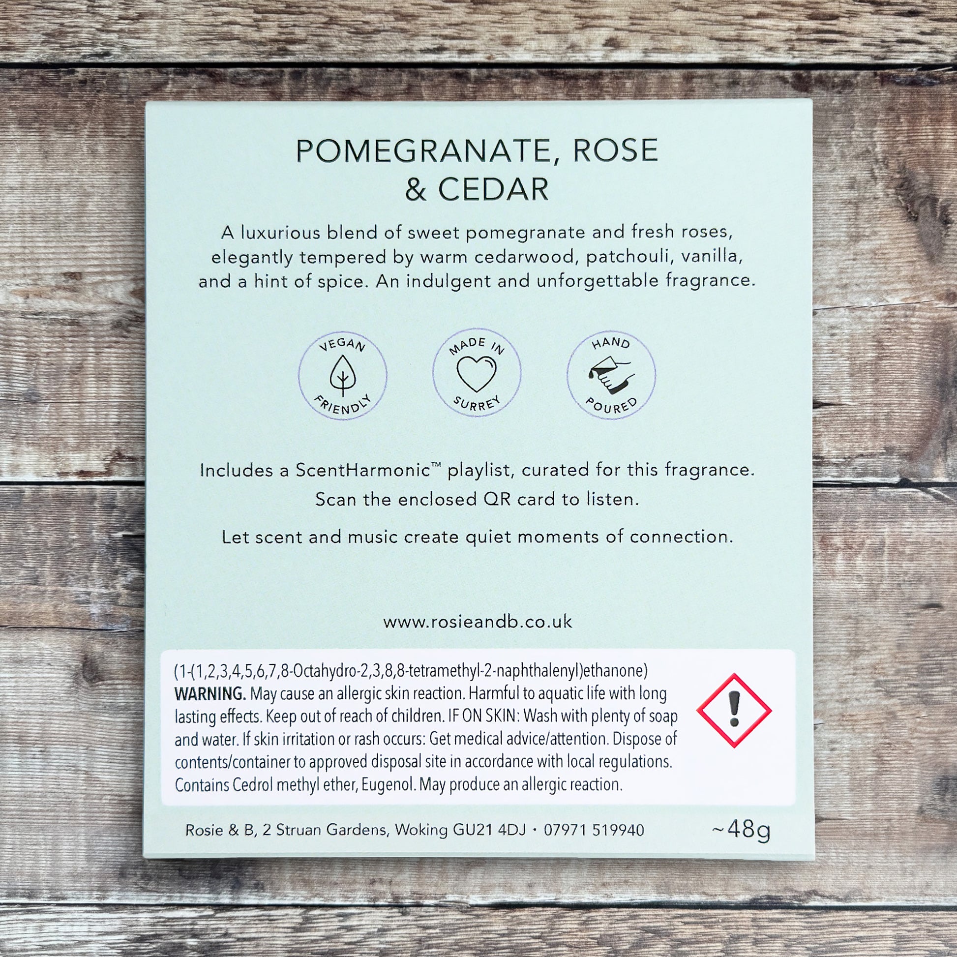Pomegranate, Rose & Cedar wax melts product sleeve - back