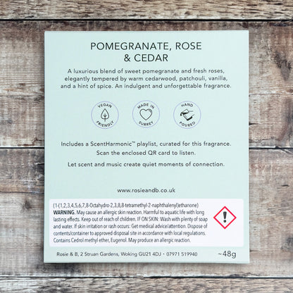Pomegranate, Rose & Cedar wax melts product sleeve - back