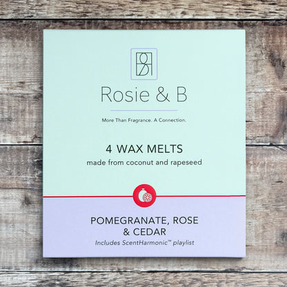 Pomegranate, Rose & Cedar wax melts product sleeve - front