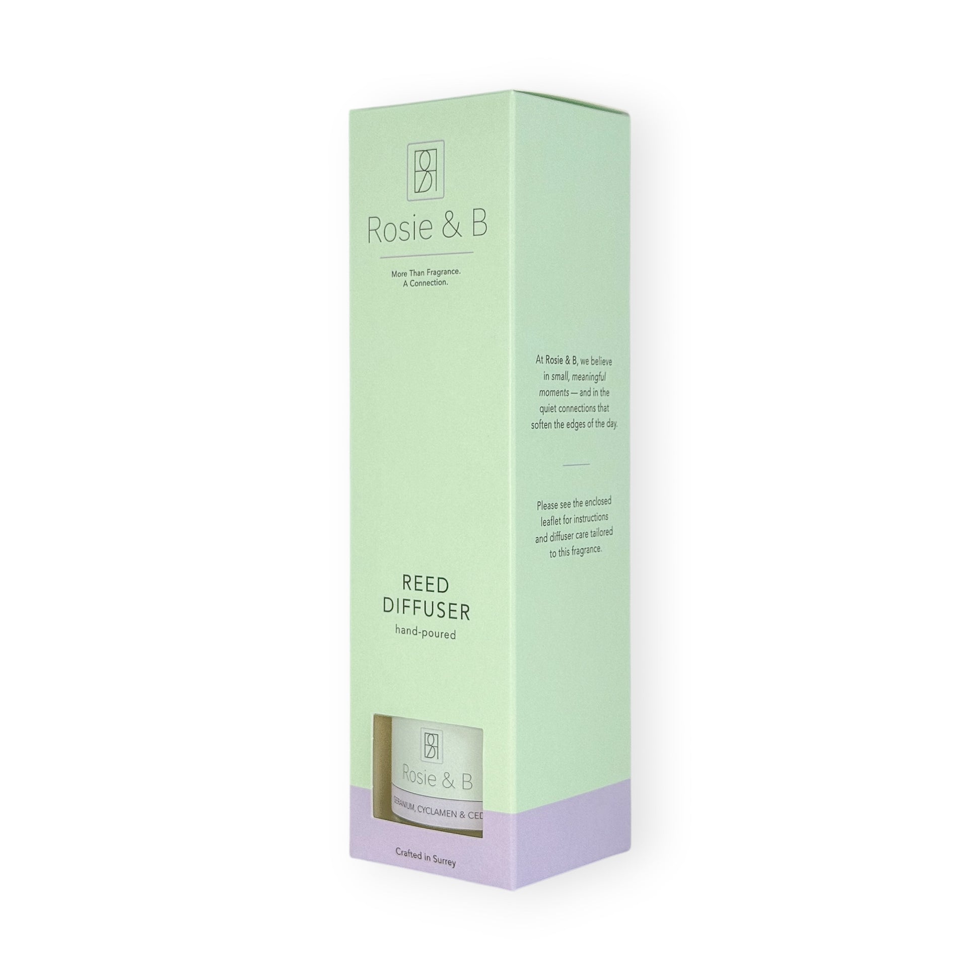 Rosie & B reed diffuser gift box on a white background